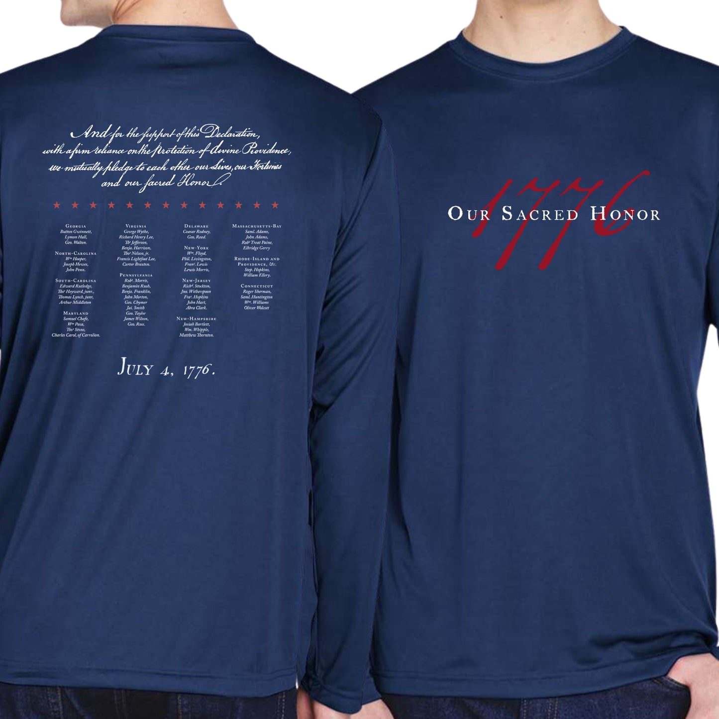 "Our Sacred Honor" Declaration of Independence 1776 on moisture-wicking 100% polyester interlock with SPF 40+ UV protection - Long-sleeved