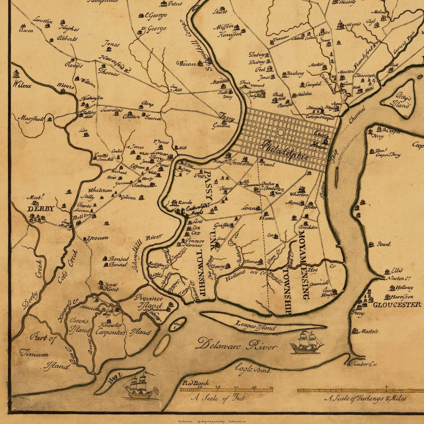 "A map of Philadelphia and parts adjacent : with a perspective view of the State-House" — Archival print at actual size