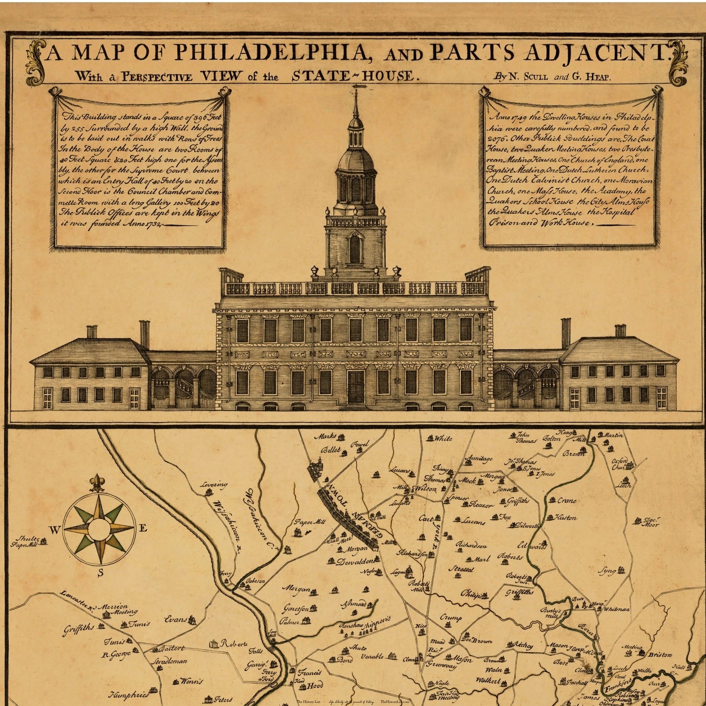 "A map of Philadelphia and parts adjacent : with a perspective view of the State-House" — Archival print at actual size