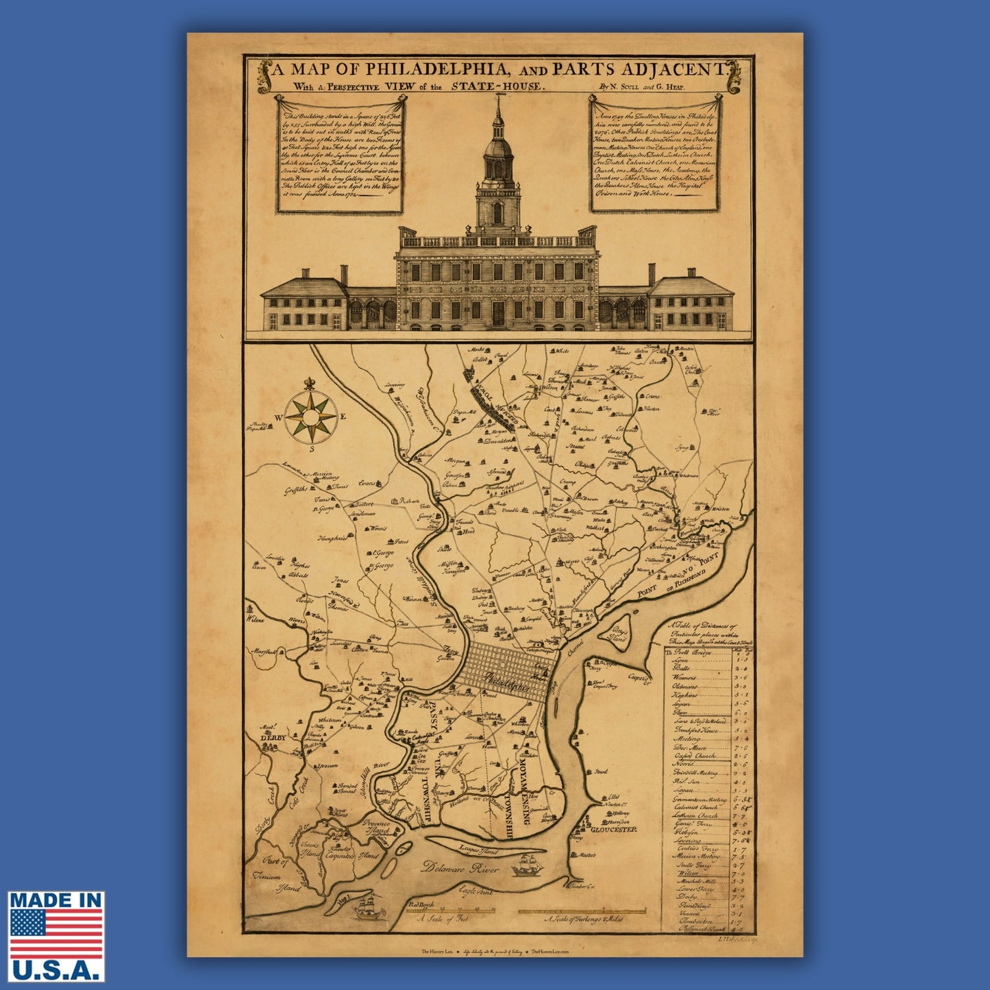 "A map of Philadelphia and parts adjacent : with a perspective view of the State-House" — Archival print at actual size