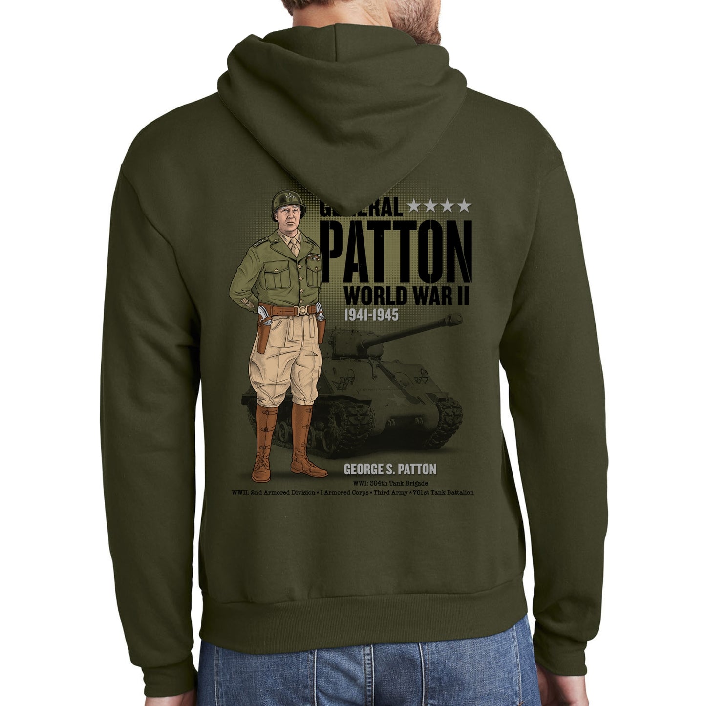 Back of General George S. Patton  —  Our original design on a hooded sweatshirt from The History List store