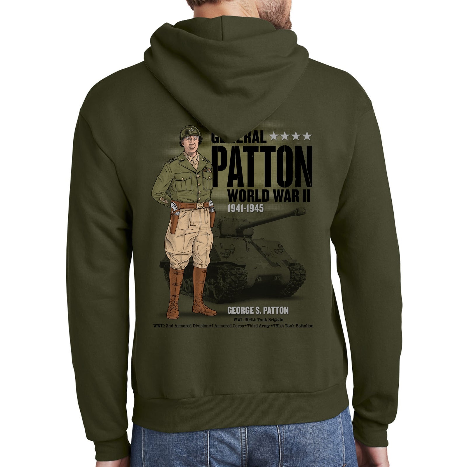 Back of General George S. Patton  —  Our original design on a hooded sweatshirt from The History List store