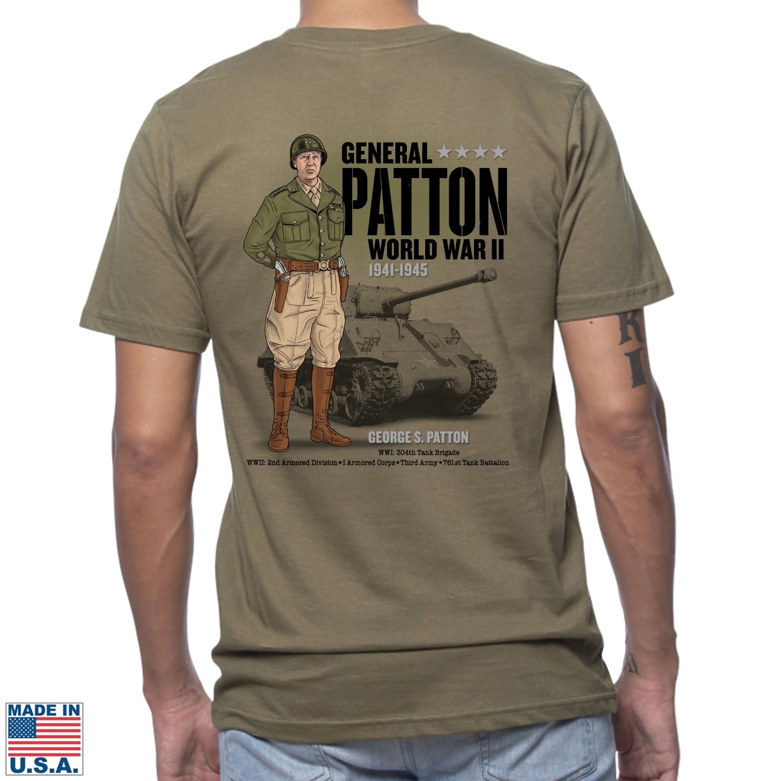 Back of General George S. Patton  —  Our original design on a Made in America shirt from The History List store