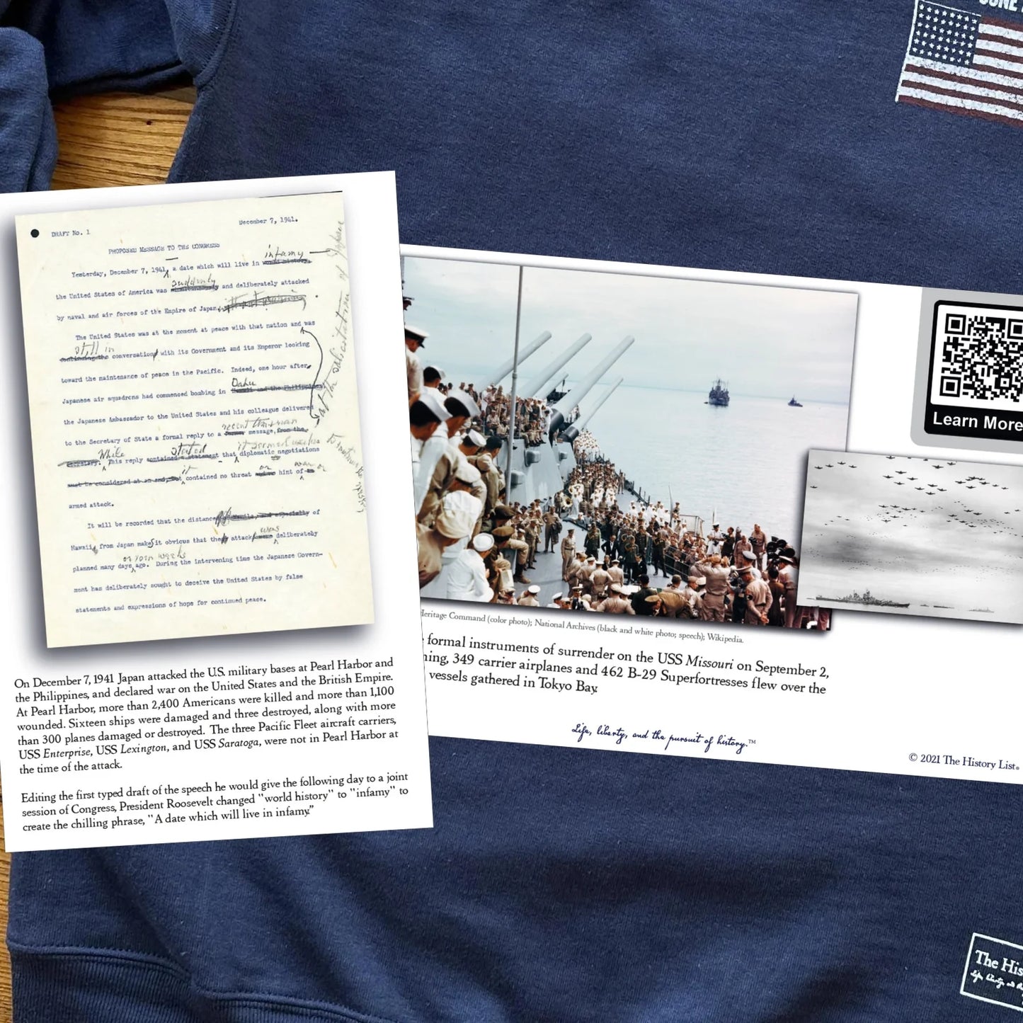 Hang tag of Pearl Harbor “Battleship Row” on moisture-wicking shirt from The History List store