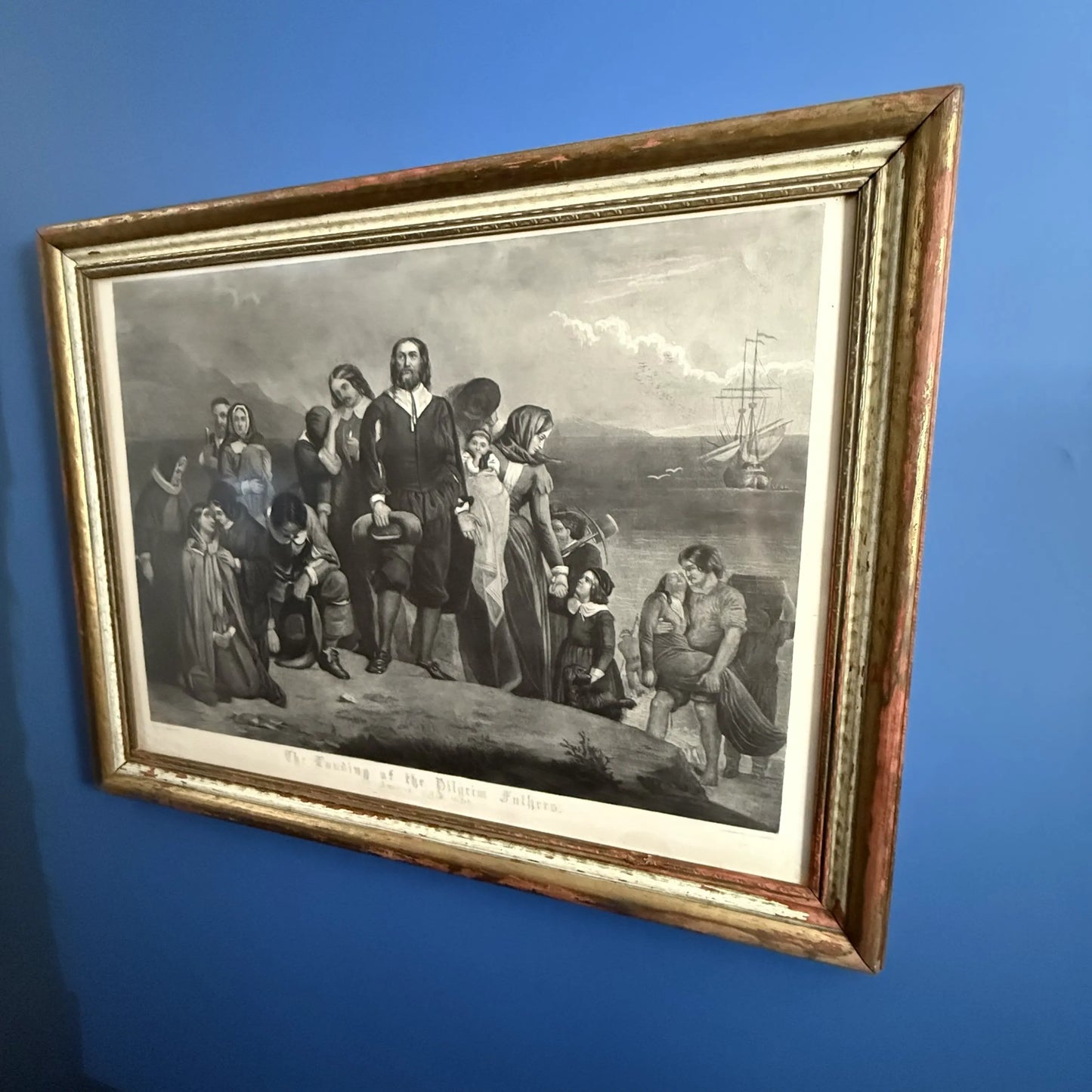 The First Landing of the Pilgrims - Large framed print — Extraordinary quality — c1850