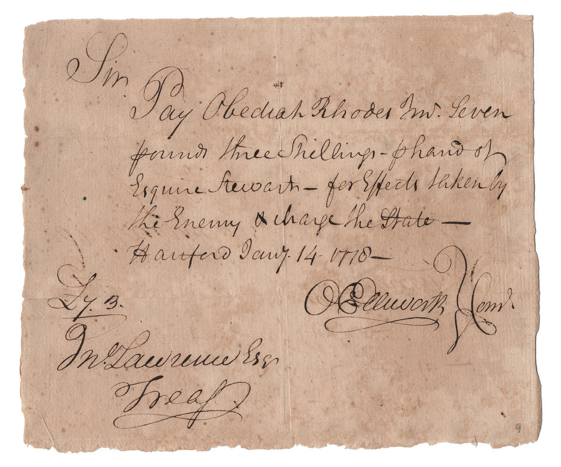 1778 handwritten document to pay for items taken "by the enemy" — Signed by future Chief Justice Oliver Ellsworth