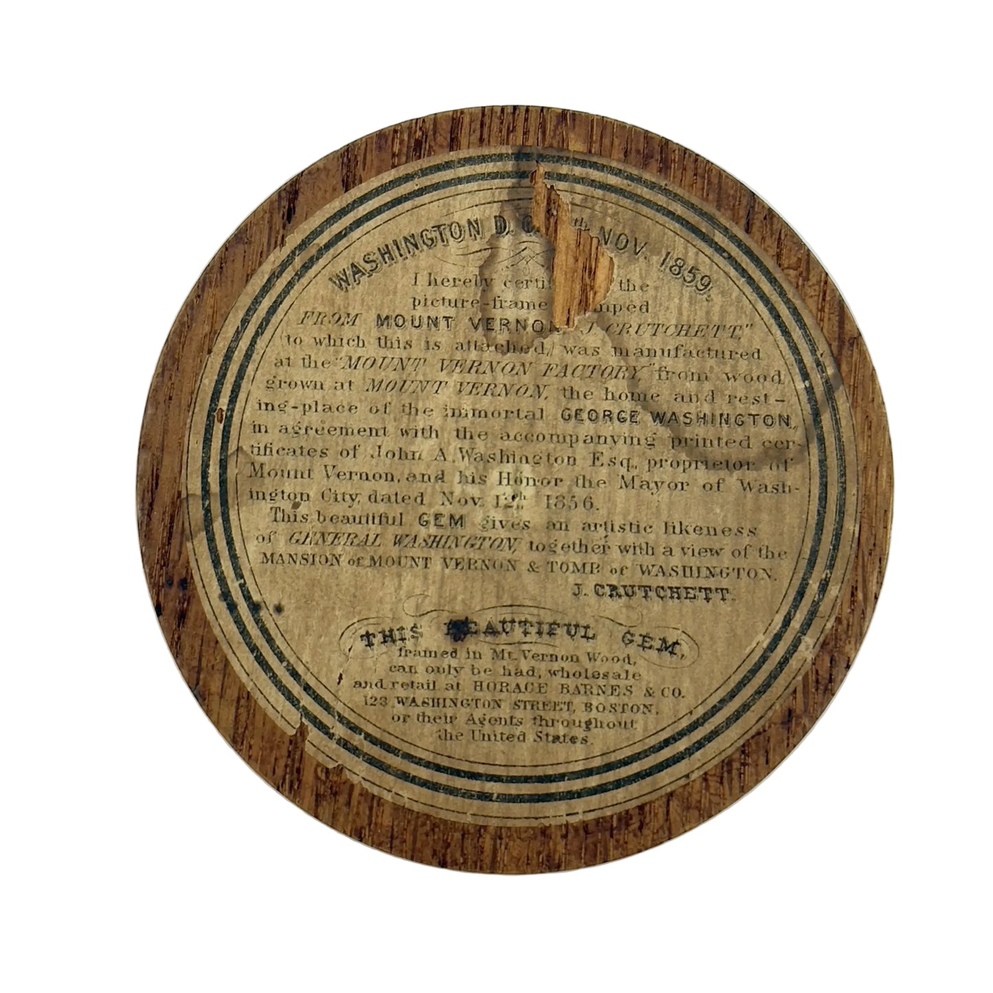 Memorial Engraving of George Washington with wood grown at Mount Vernon — 1859