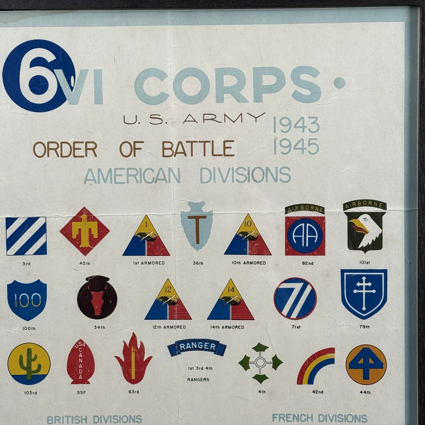 "VI Corps Order of Battle 1943 - 1945" WWII small poster — Framed