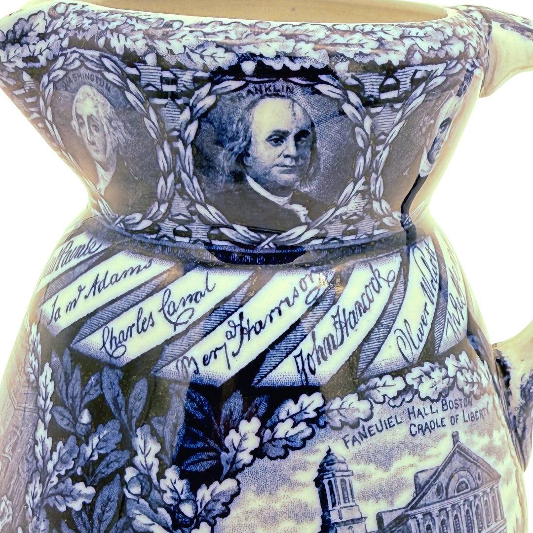 Pitcher decorated with images of the Revolution and the early founding of our nation — Made in England