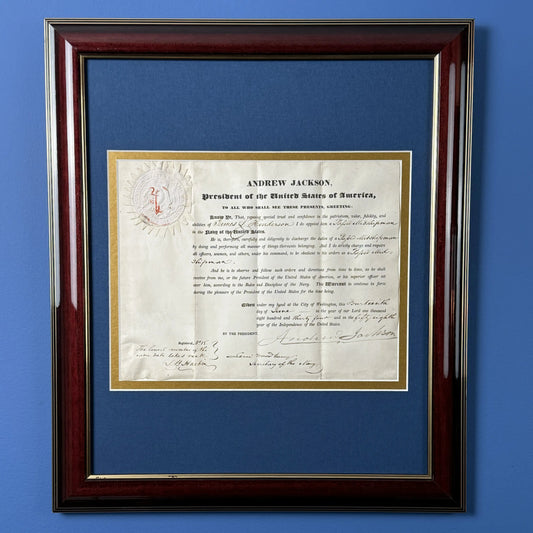 President Andrew Jackson Signed Military Appointment for Midshipman — June 14, 1834 — Framed