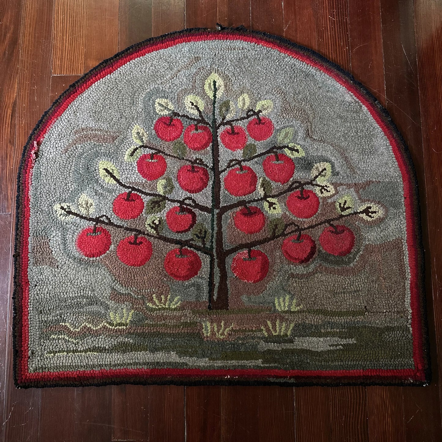 Hand Sewn Hearth Rug — Early 1800s — Unique apple tree design