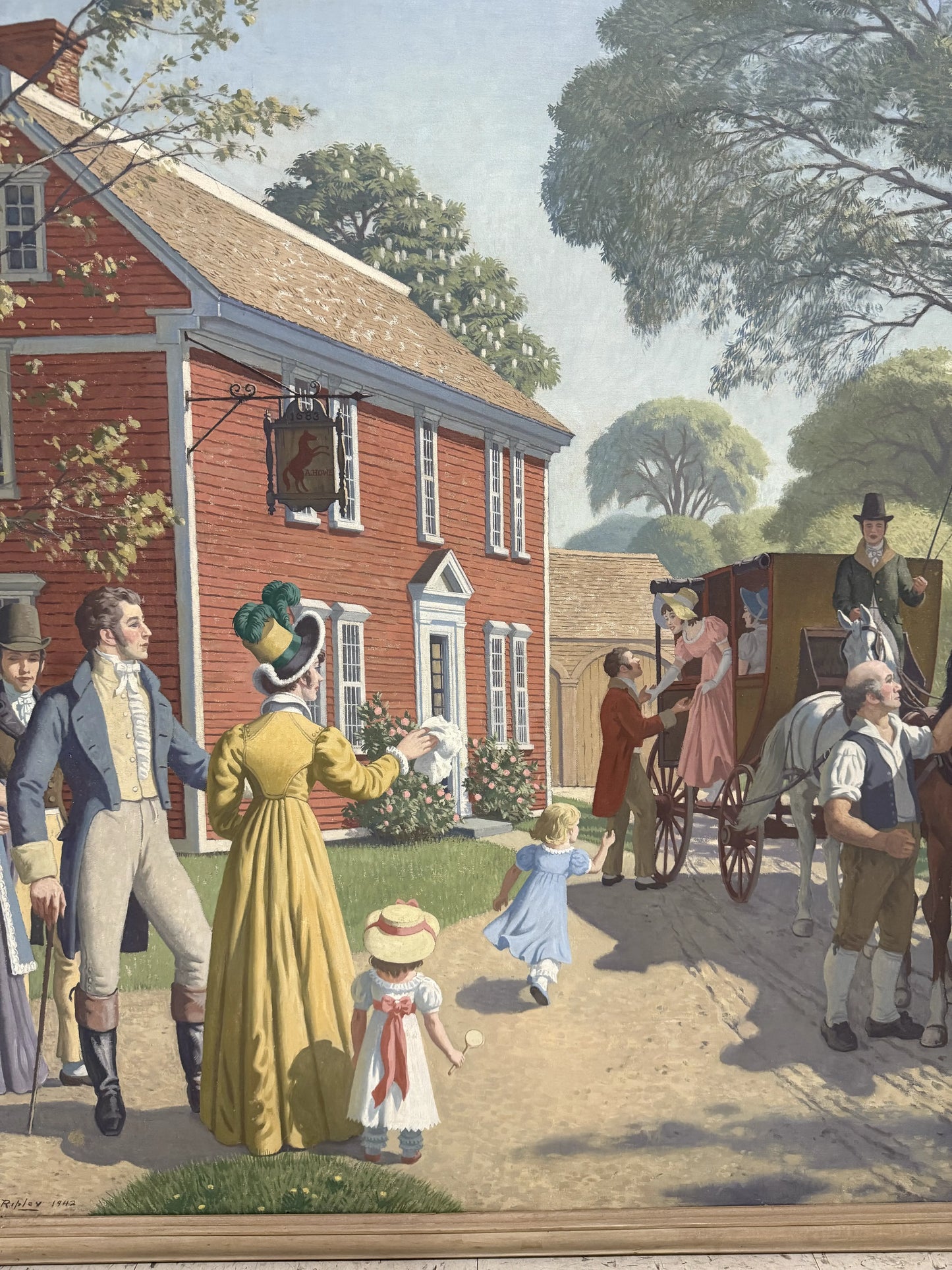 The Wayside Inn — Large painting — "The Arrival of the Boston Stage Coach at the Red Horse Tavern, 1812" — A. Lassell Ripley