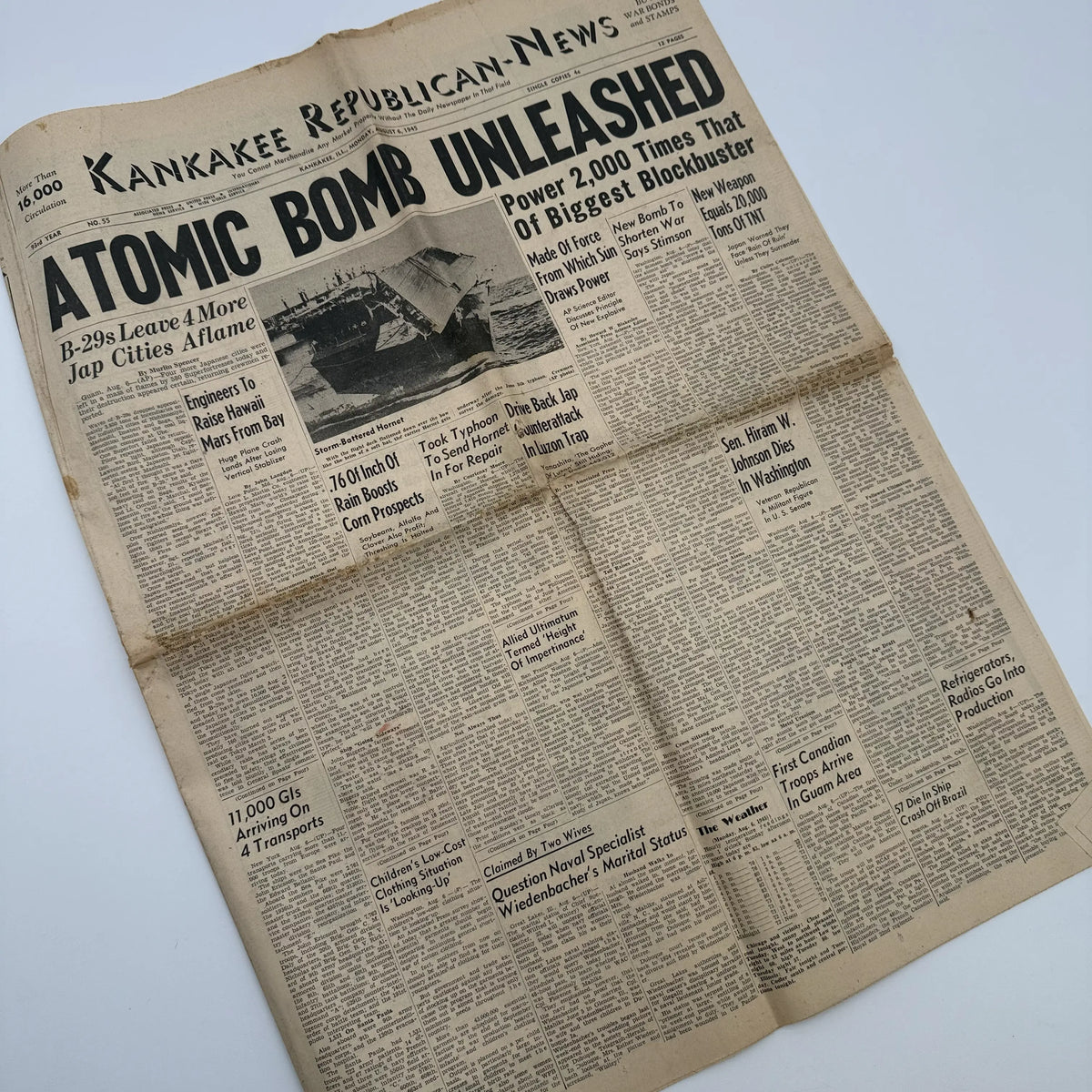 World War II Newspapers with major events of the war — Outbreak, Pearl Harbor, FDR Dies, V-E Day, atomic bomb dropped, more