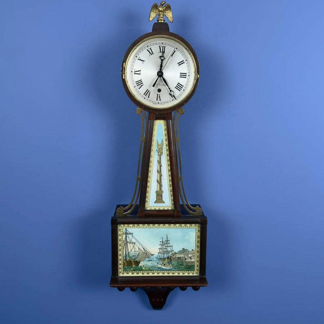 Seth Thomas "Banjo Clock" with a scene of the Boston Tea Party—Battery-powered