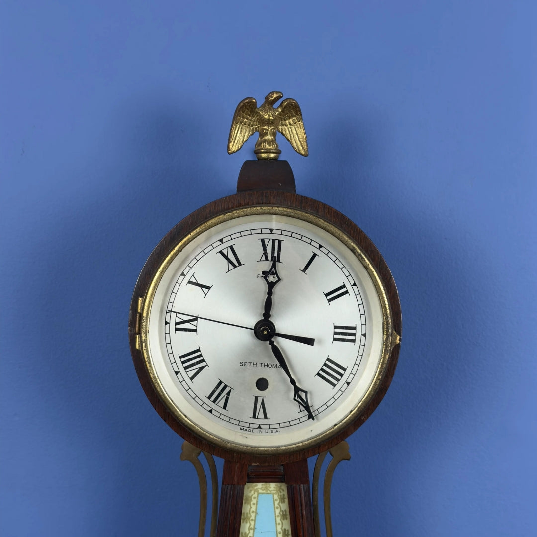 Seth Thomas "Banjo Clock" with a scene of the Boston Tea Party—Battery-powered