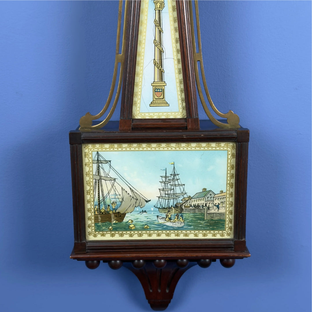 Seth Thomas "Banjo Clock" with a scene of the Boston Tea Party—Battery-powered