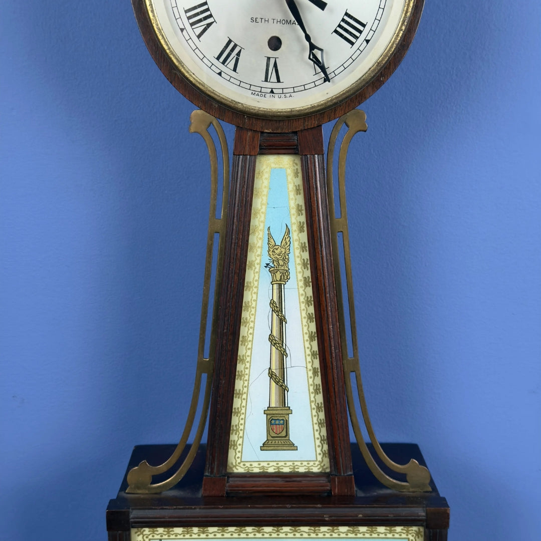 Seth Thomas "Banjo Clock" with a scene of the Boston Tea Party—Battery-powered