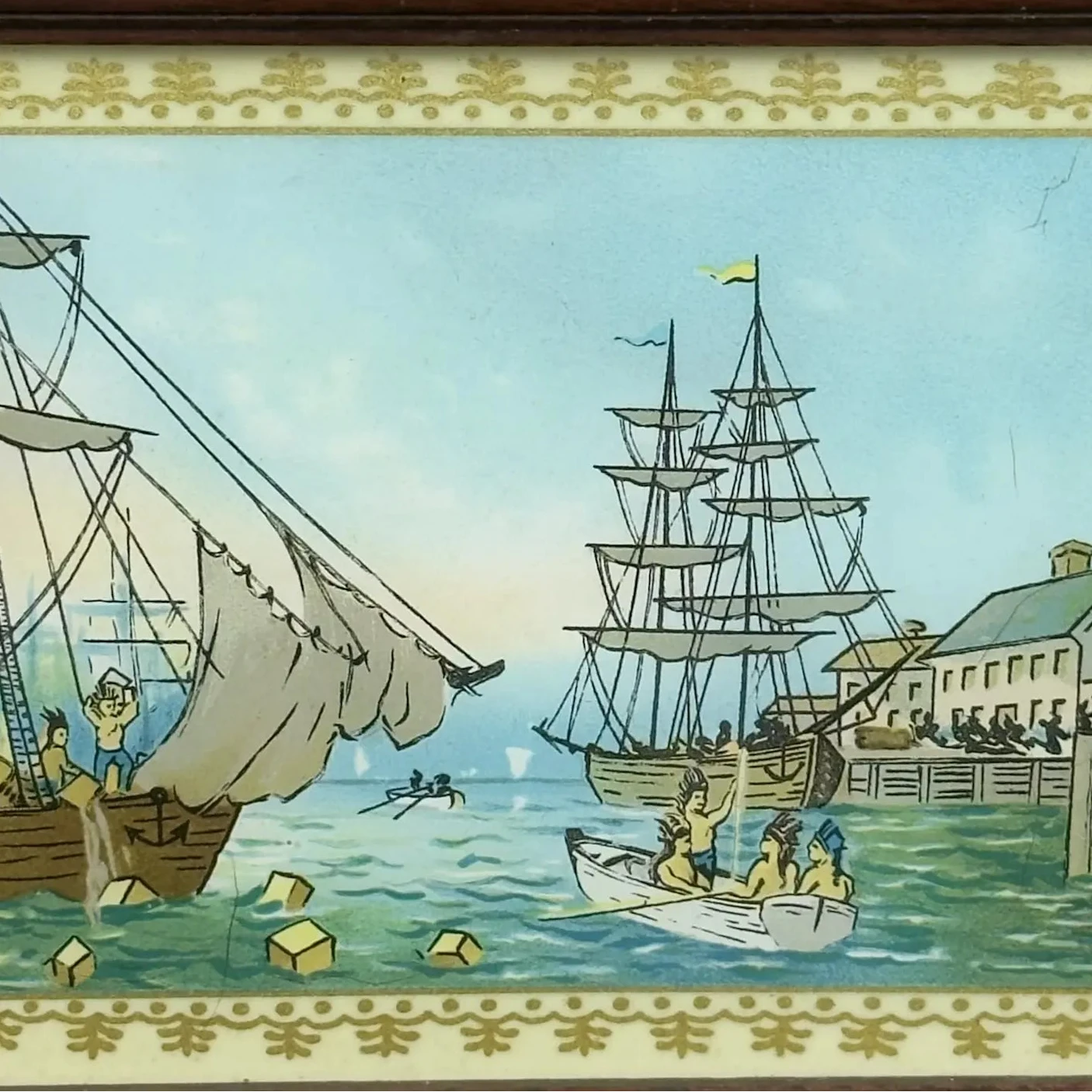 Seth Thomas "Banjo Clock" with a scene of the Boston Tea Party—Battery-powered