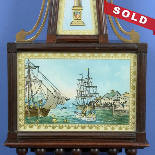 Seth Thomas "Banjo Clock" with a scene of the Boston Tea Party—Battery-powered