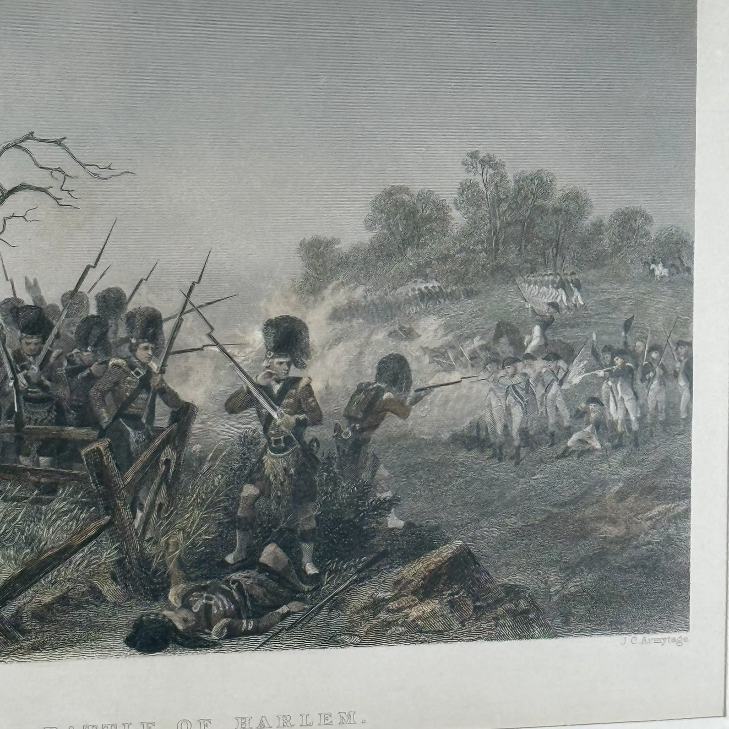 "Battle of Harlem" c. 1860 steel engraving by J. R. Armytage, after Alonzo Chappel — Framed