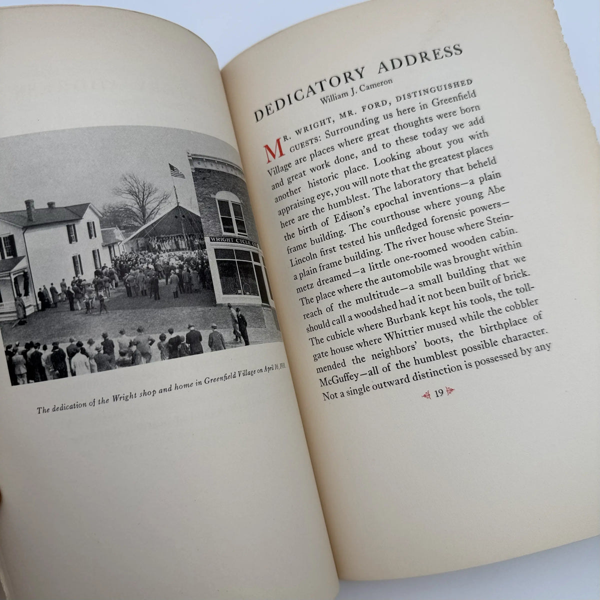 Dedication of the Wright Brothers Shop with first flight photo made fro m original negative
