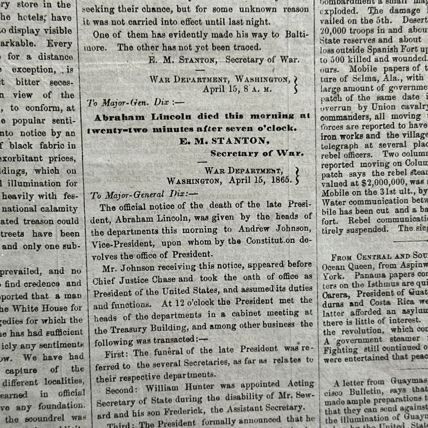 Framed April 17, 1865 newspaper reporting Lincoln's Assassination and Death and newspaper reporting on the trial