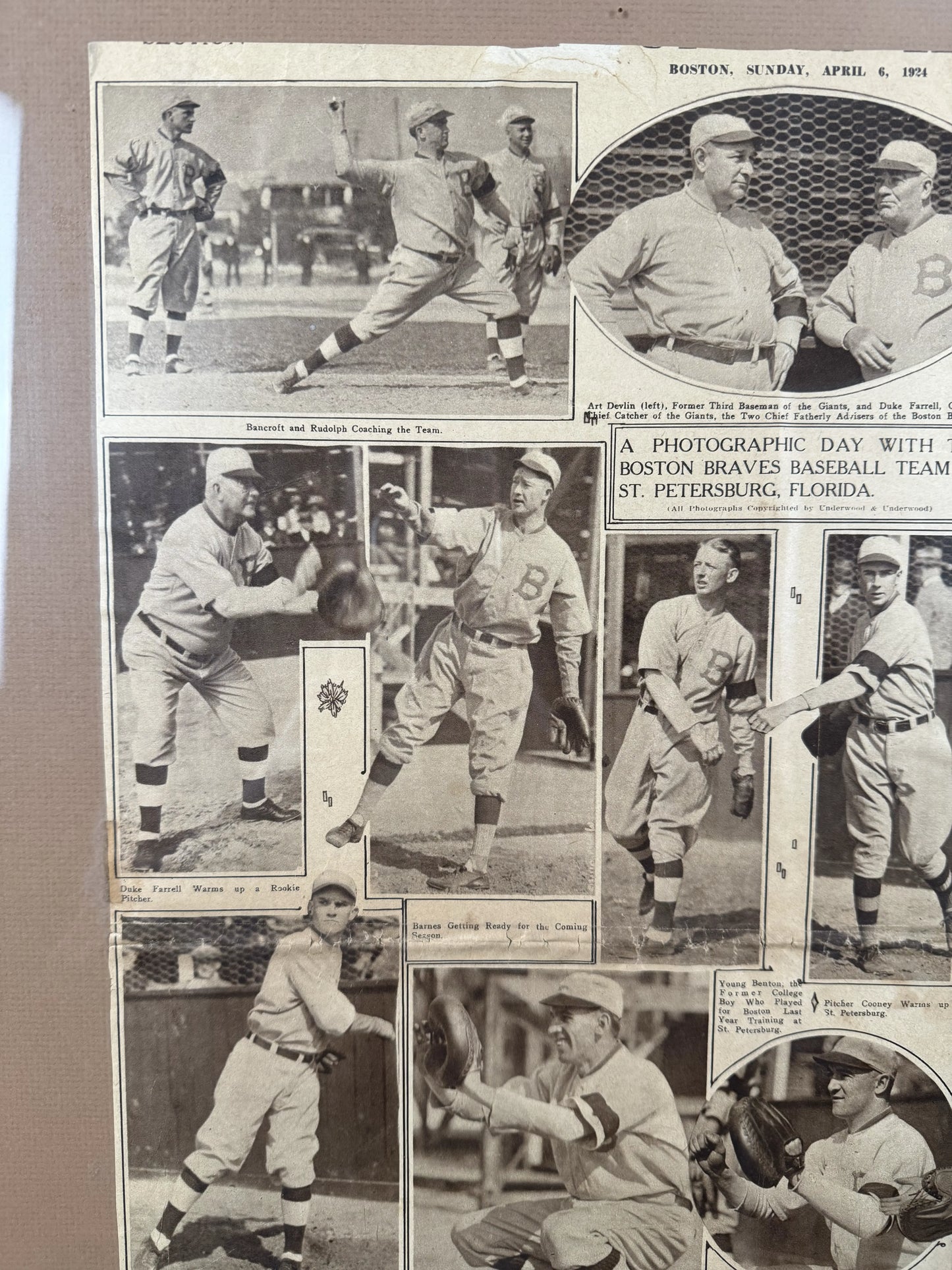 1924 Boston Braves Spring Training — April 6, 1924 newspaper account — Framed