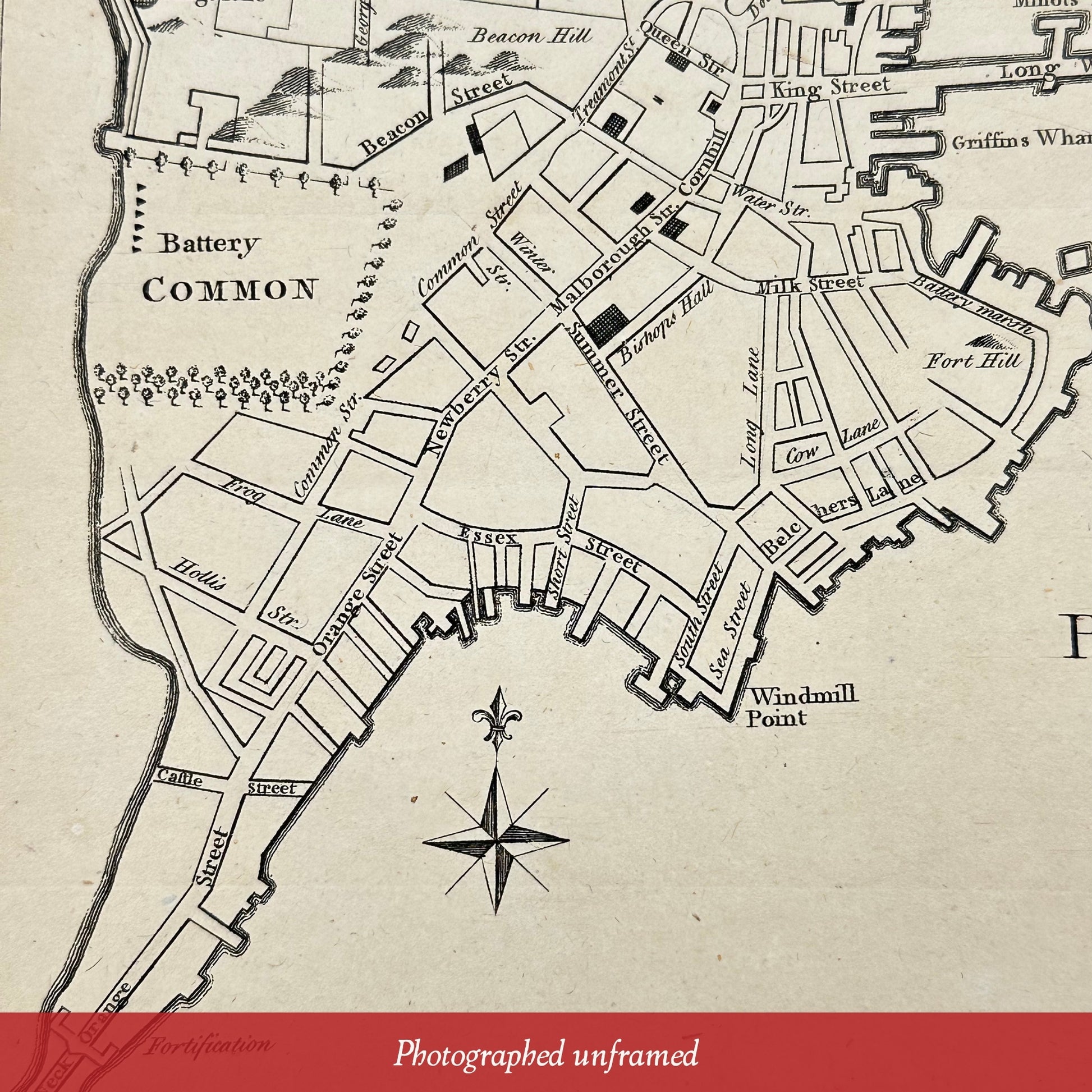 Battery Common in the photographed unframed map, 'A New and Correct Plan of the Town of Boston' from the 'Gentleman's Magazine' — October 1775 — from The History List Store.