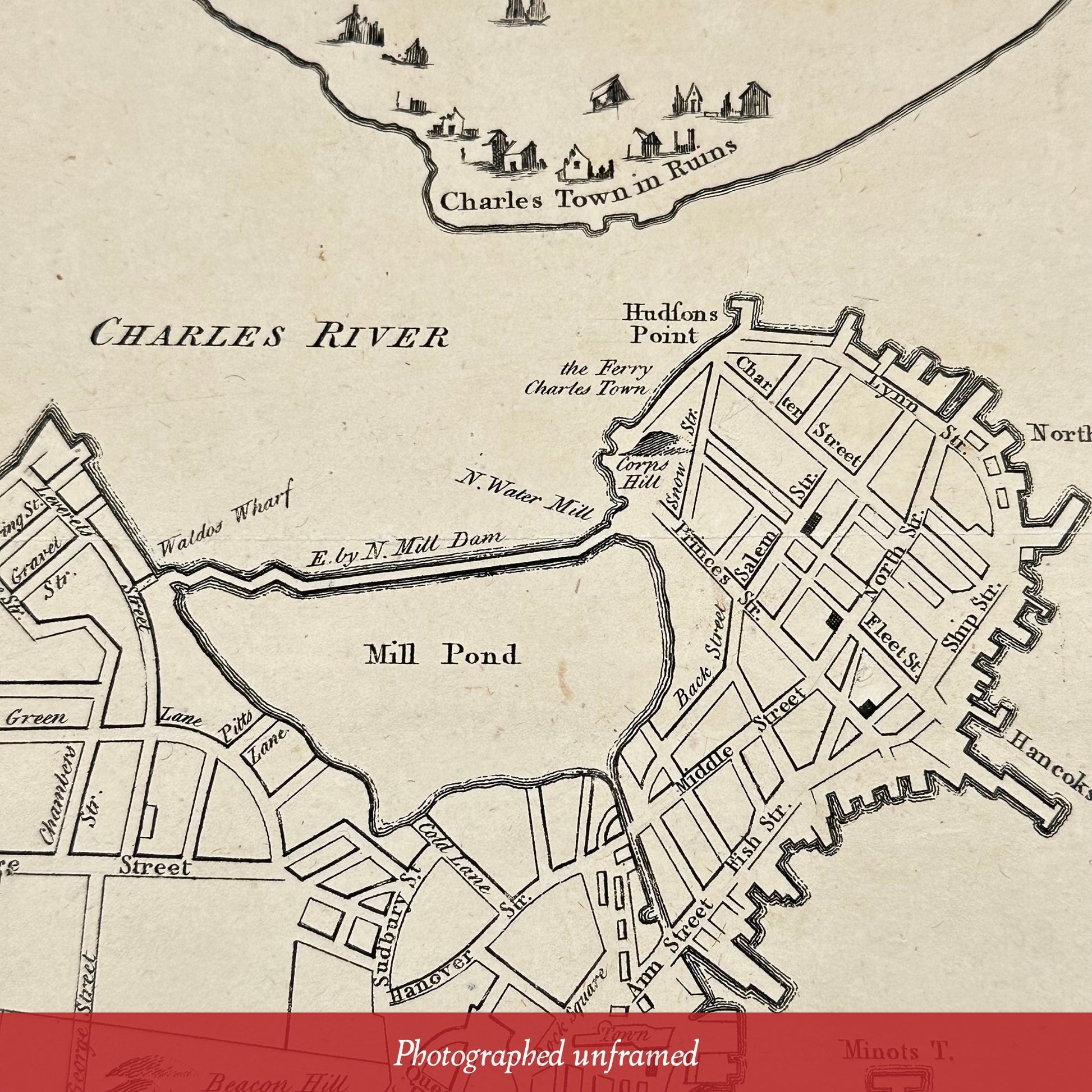 Charlestown in ruins, Photographed unframed map, 'A New and Correct Plan of the Town of Boston' from the 'Gentleman's Magazine' — October 1775 — from The History List Store.