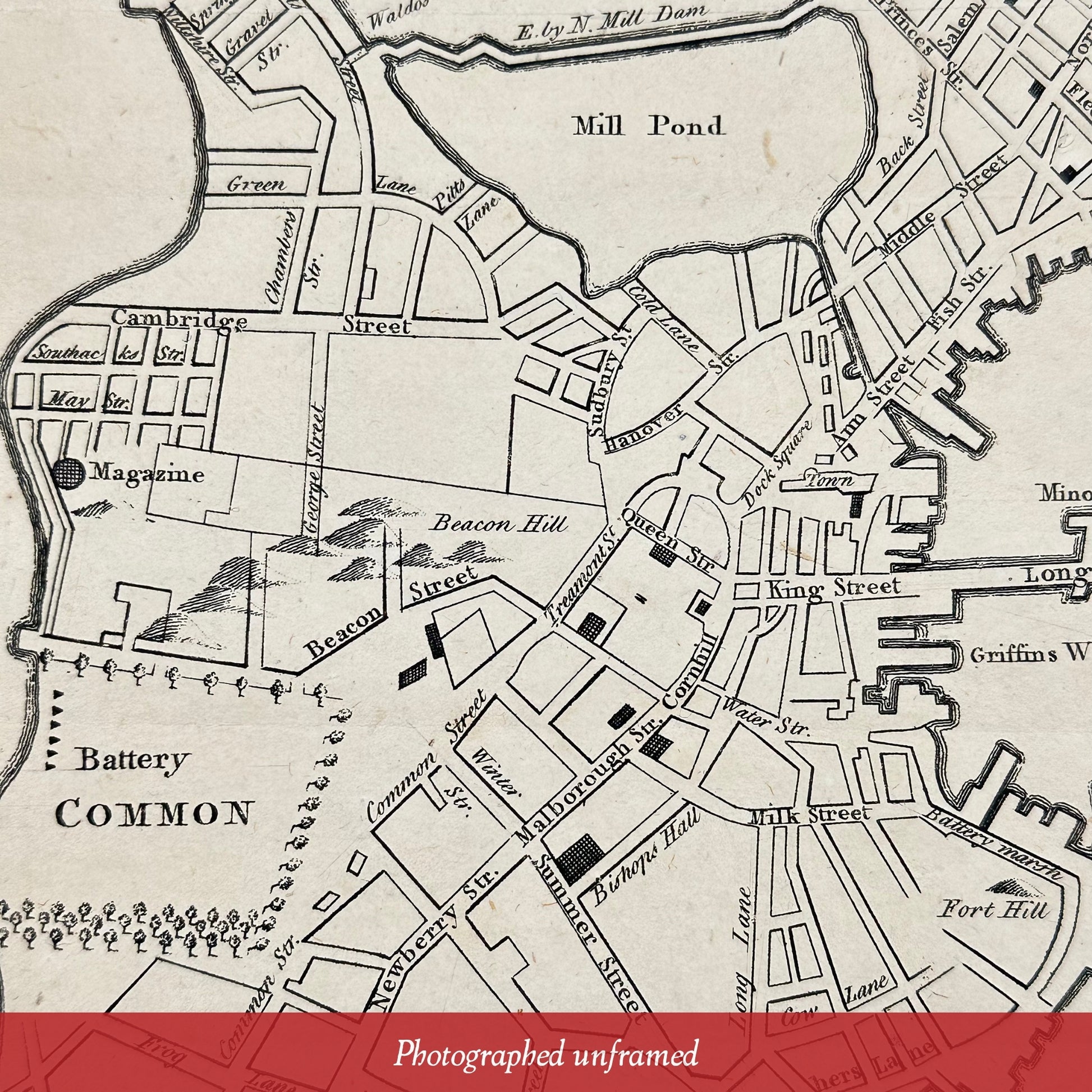 Mill Pond in Photographed unframed Map, 'A New and Correct Plan of the Town of Boston' from the 'Gentleman's Magazine' — October 1775 — from The History List Store.