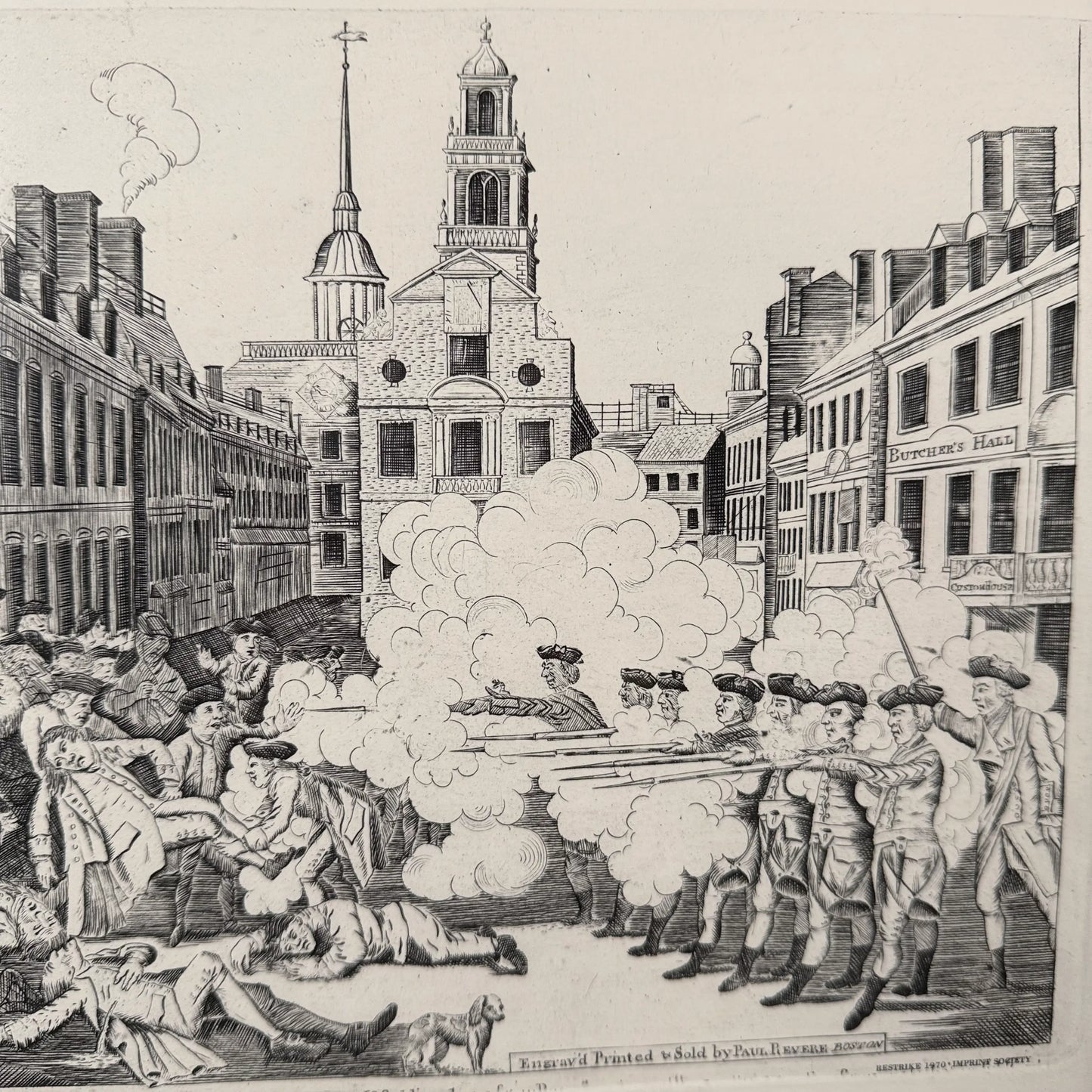 Boston Massacre print made from Revere's original plate — Black frame with gold accent