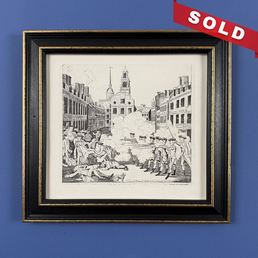 Boston Massacre print made from Revere's original plate — Black frame with gold accent