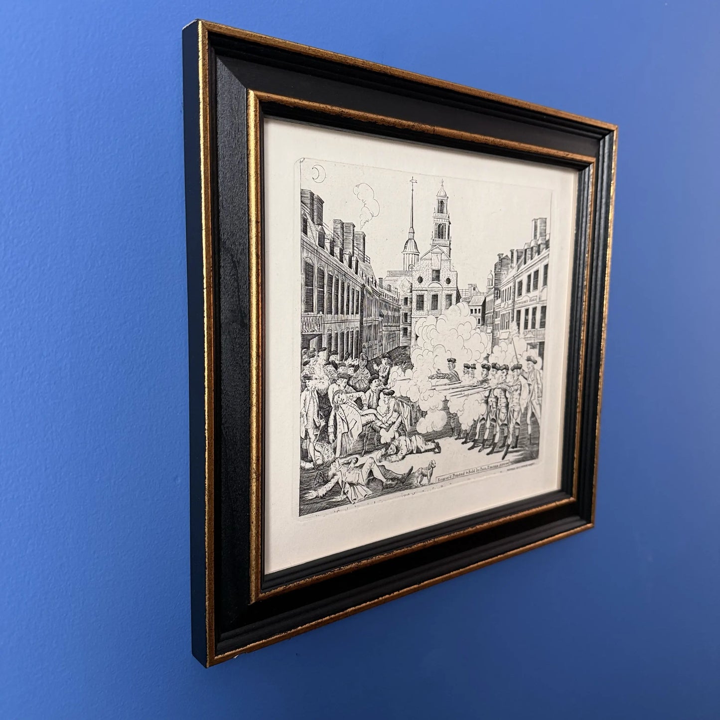 Boston Massacre print made from Revere's original plate — Black frame with gold accent