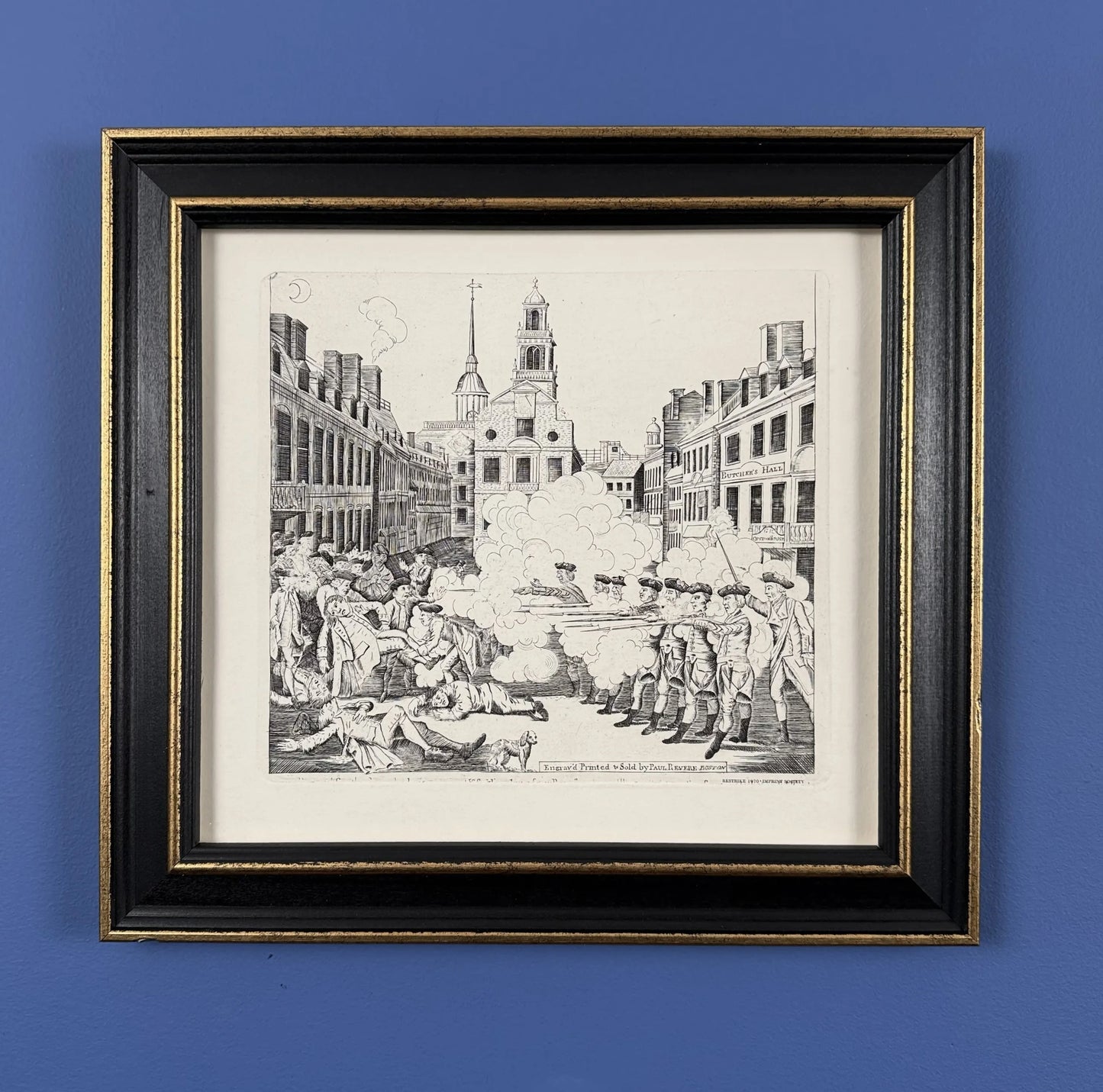 Boston Massacre print made from Revere's original plate — Black frame with gold accent