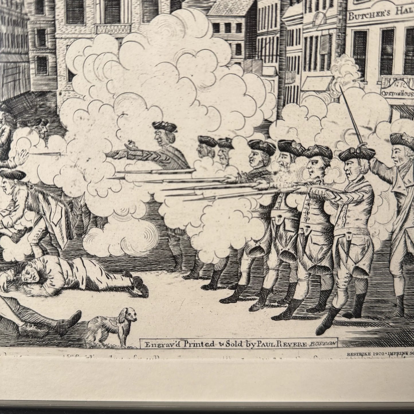 Boston Massacre print made from Revere's original plate — Black frame with silver accent