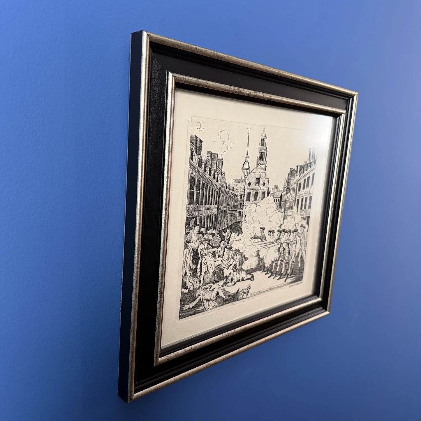 Boston Massacre print made from Revere's original plate — Black frame with silver accent