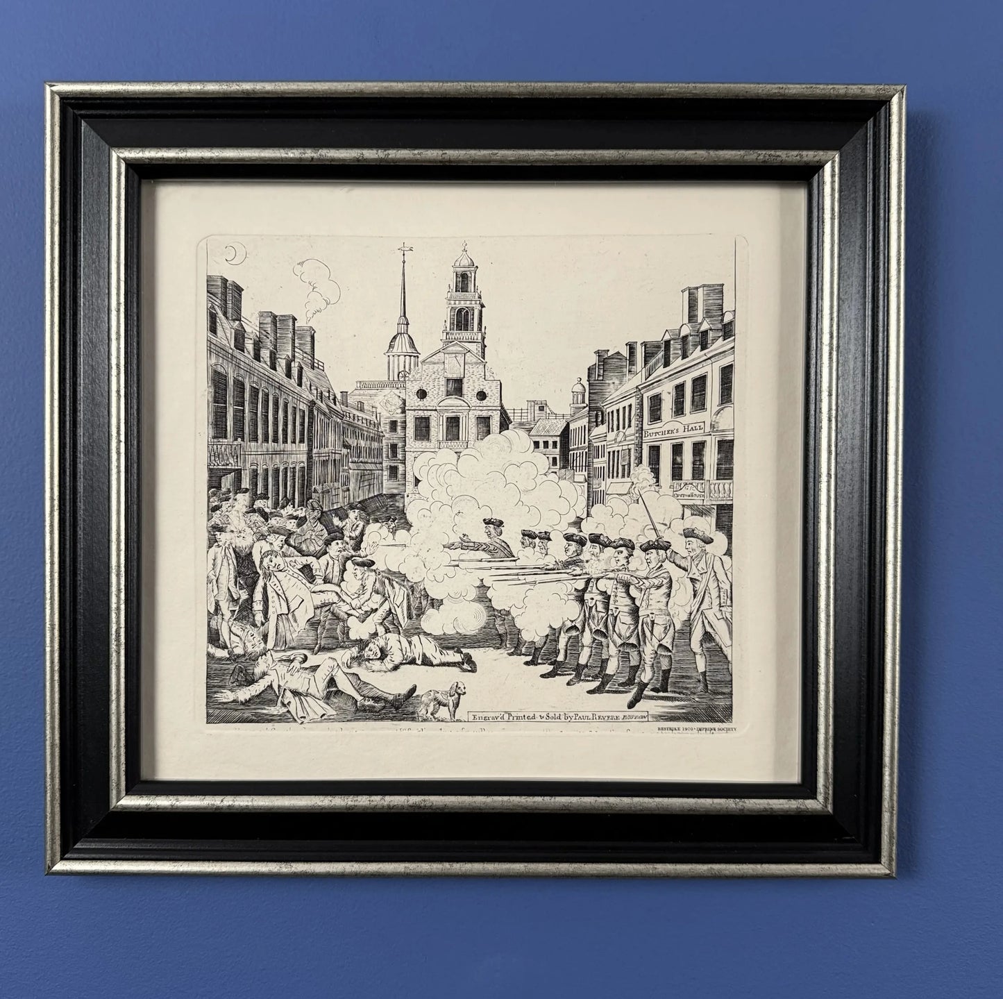 Boston Massacre print made from Revere's original plate — Black frame with silver accent