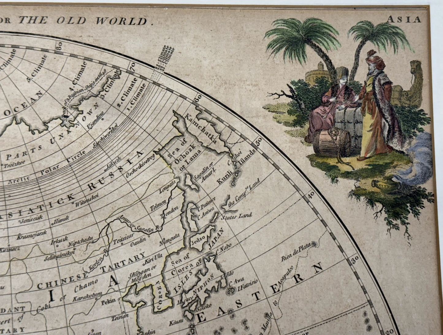 1780 "Bowles's New Map of the World" Double-page engraved map with hand-colored cartouches