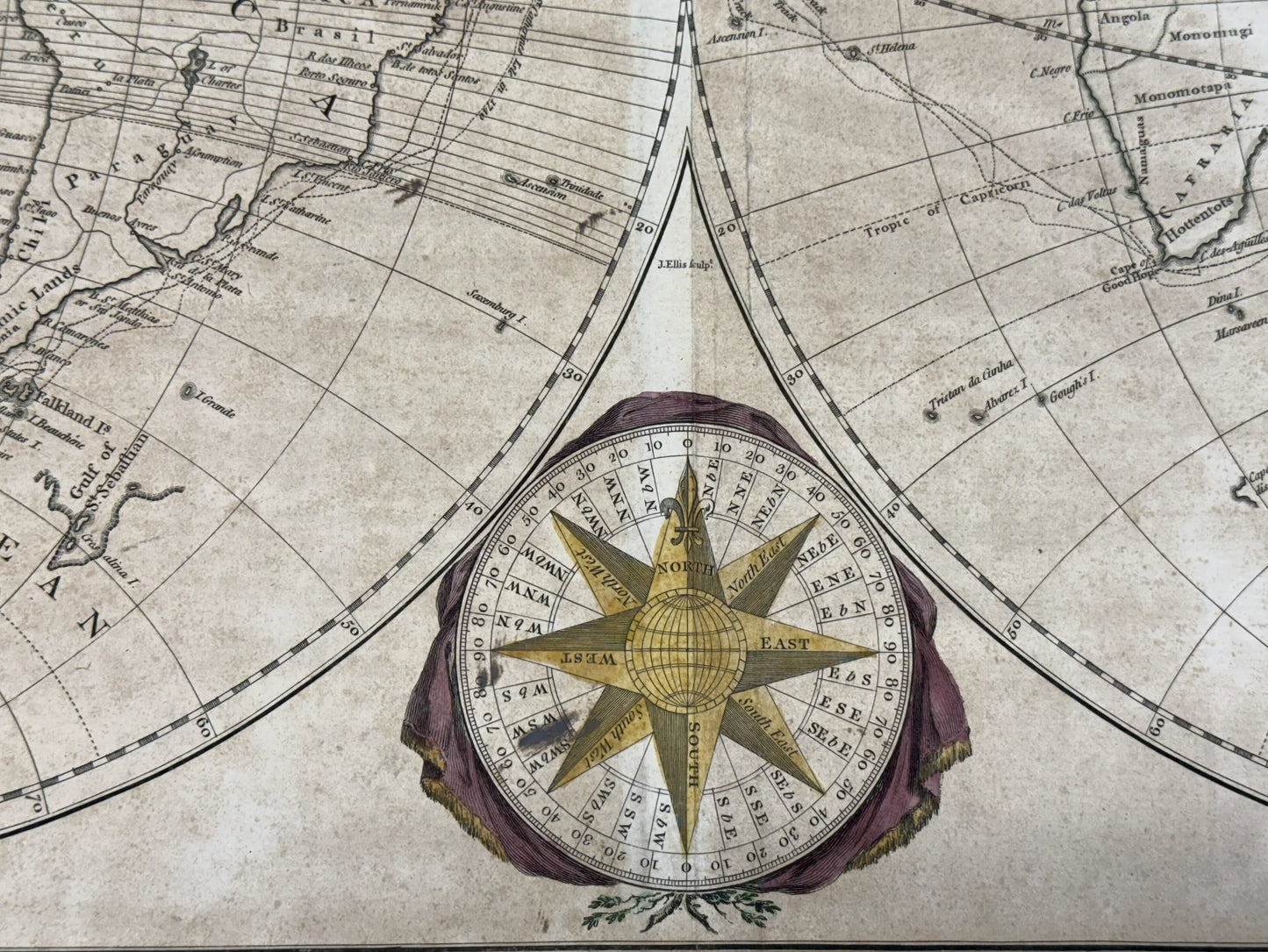 1780 "Bowles's New Map of the World" Double-page engraved map with hand-colored cartouches