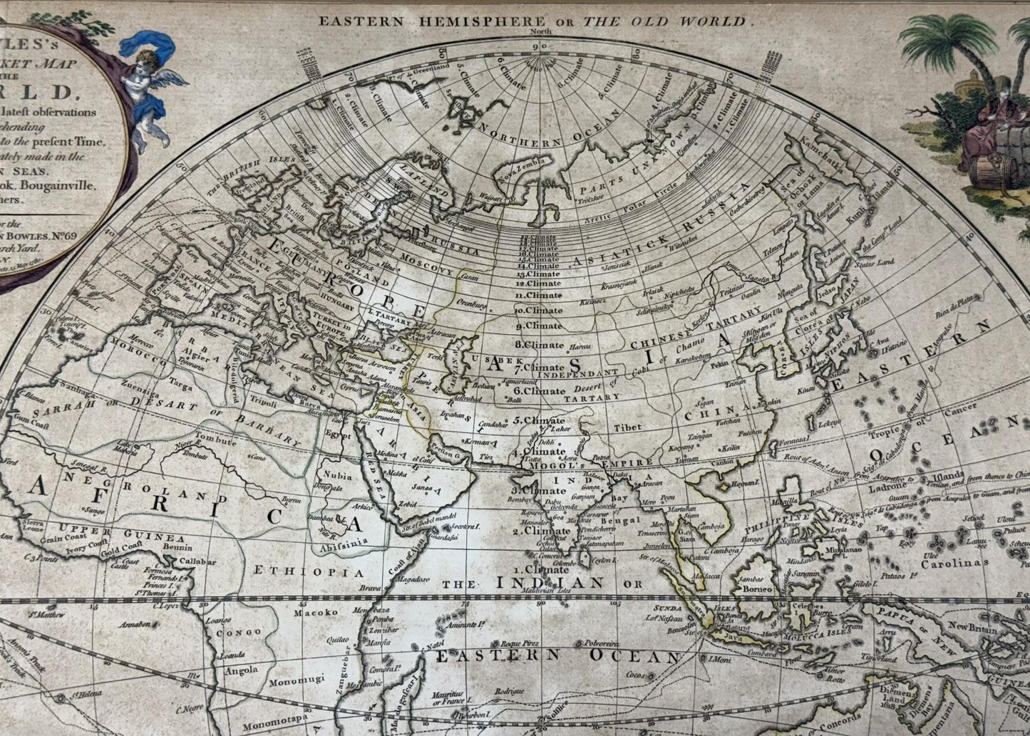 1780 "Bowles's New Map of the World" Double-page engraved map with hand-colored cartouches