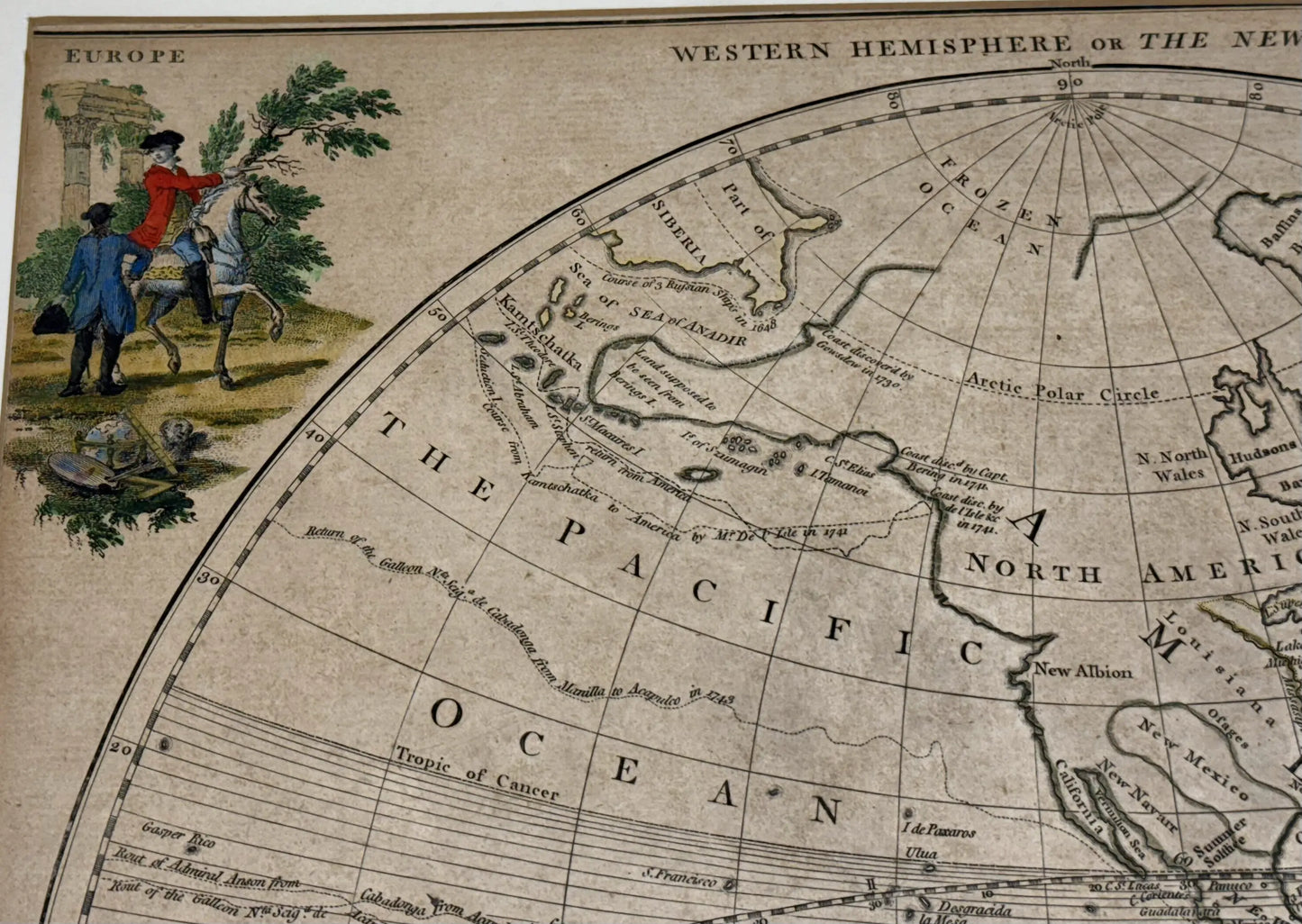 1780 "Bowles's New Map of the World" Double-page engraved map with hand-colored cartouches