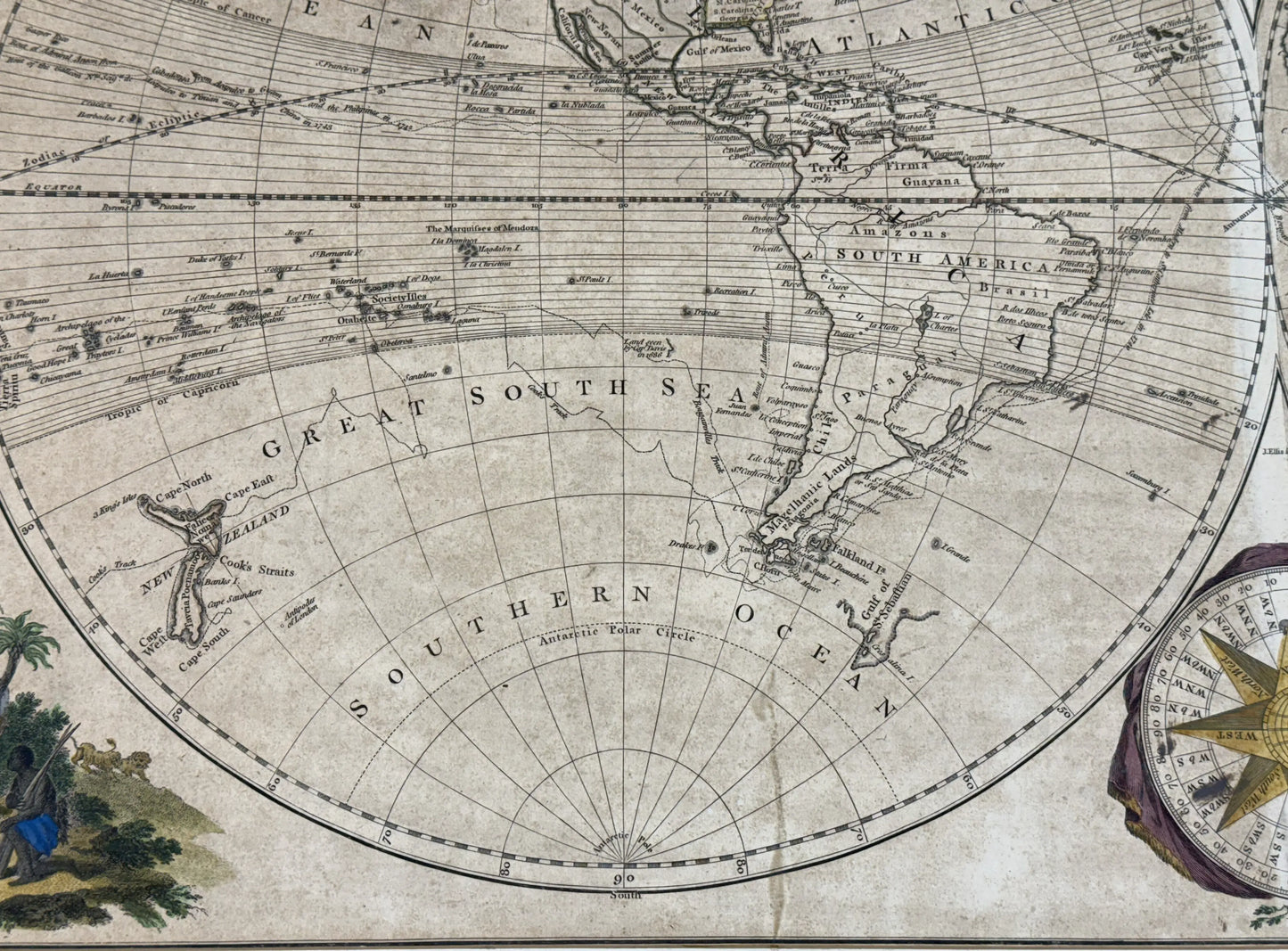 1780 "Bowles's New Map of the World" Double-page engraved map with hand-colored cartouches