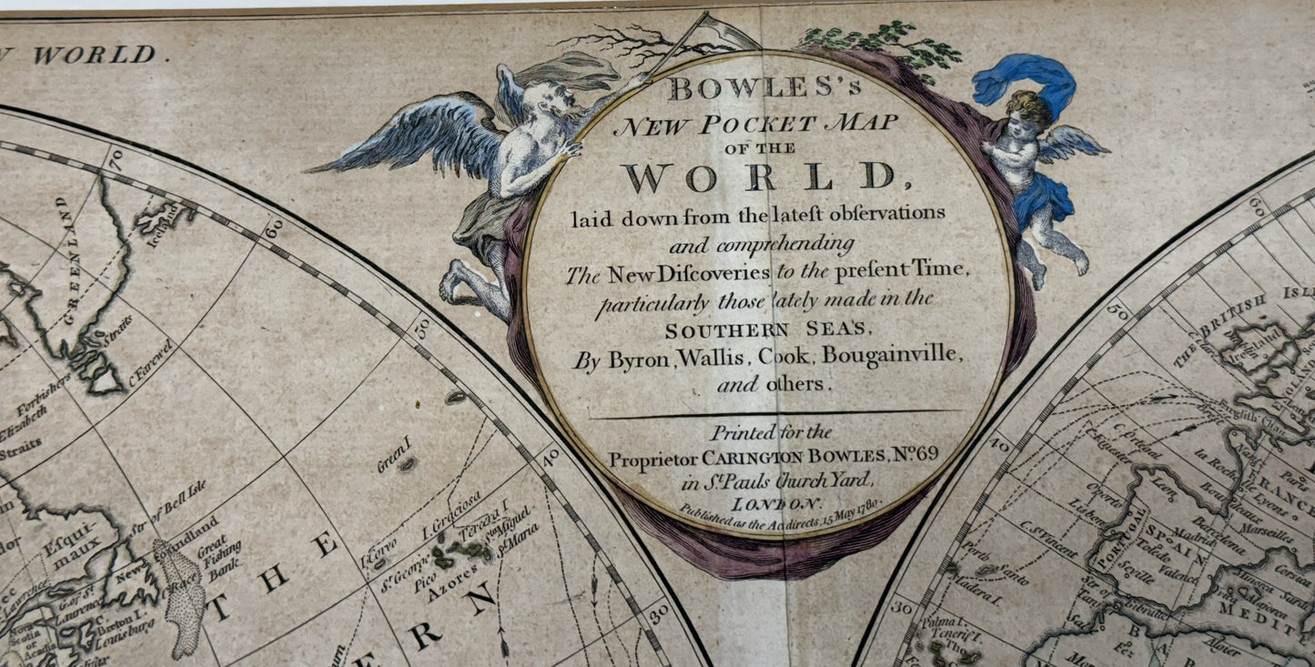 1780 "Bowles's New Map of the World" Double-page engraved map with hand-colored cartouches