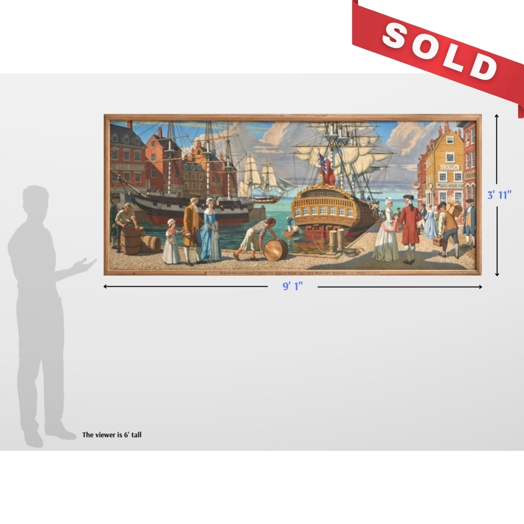 9' wide canvas mural — Seaport scene: "A British Merchantman about to Depart from the Old Port of Boston, 1760" — A. Lassell Ripley