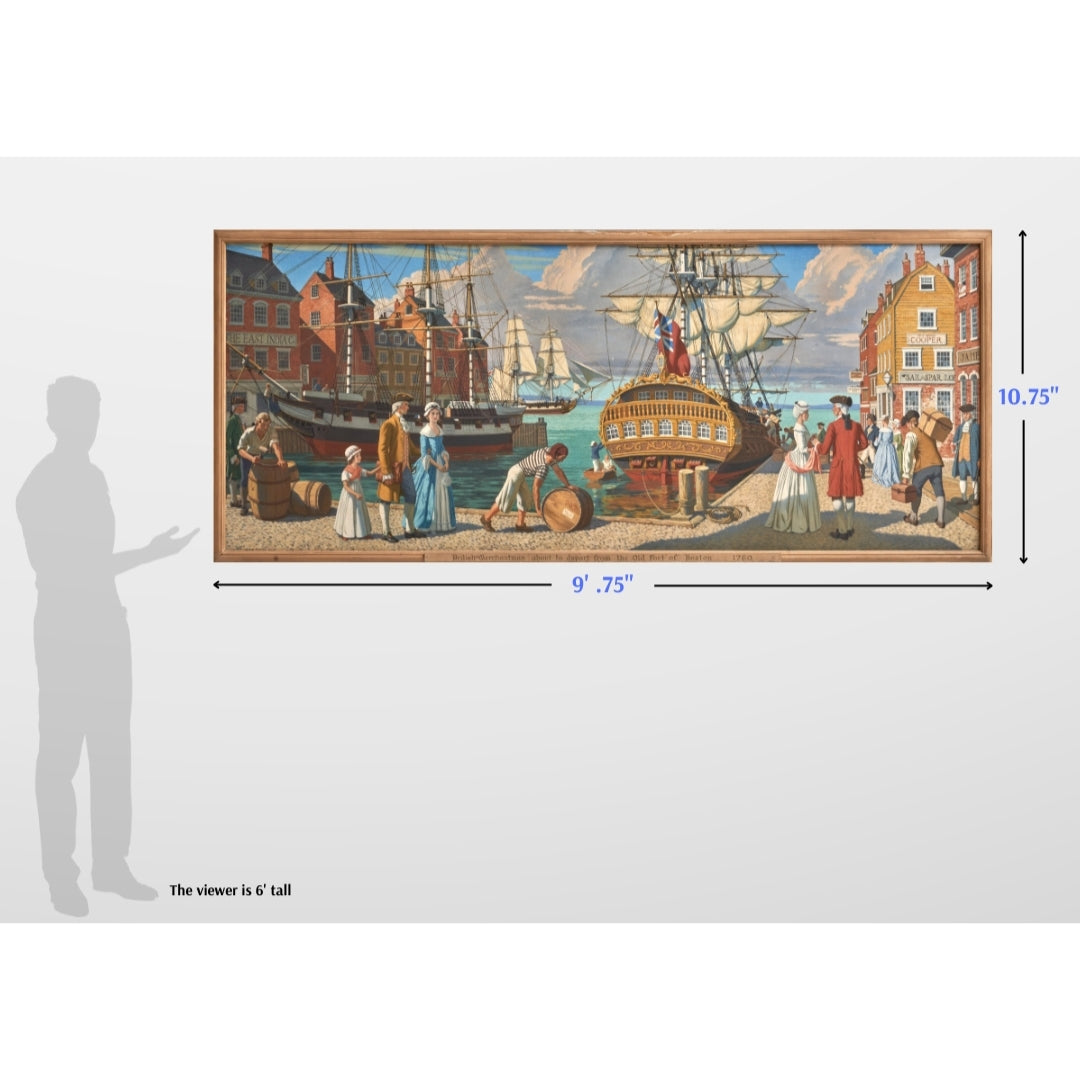 9' wide canvas mural — Seaport scene: "A British Merchantman about to Depart from the Old Port of Boston, 1760" — A. Lassell Ripley