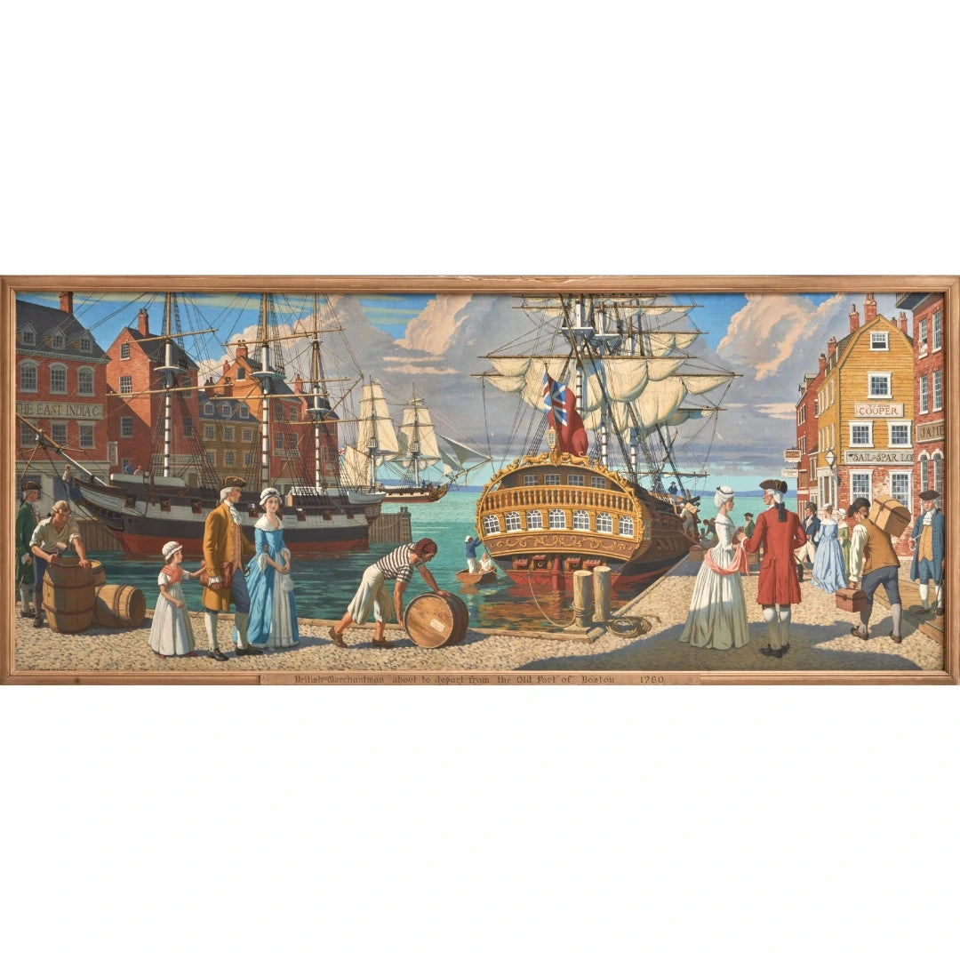 9' wide canvas mural — Seaport scene: "A British Merchantman about to Depart from the Old Port of Boston, 1760" — A. Lassell Ripley