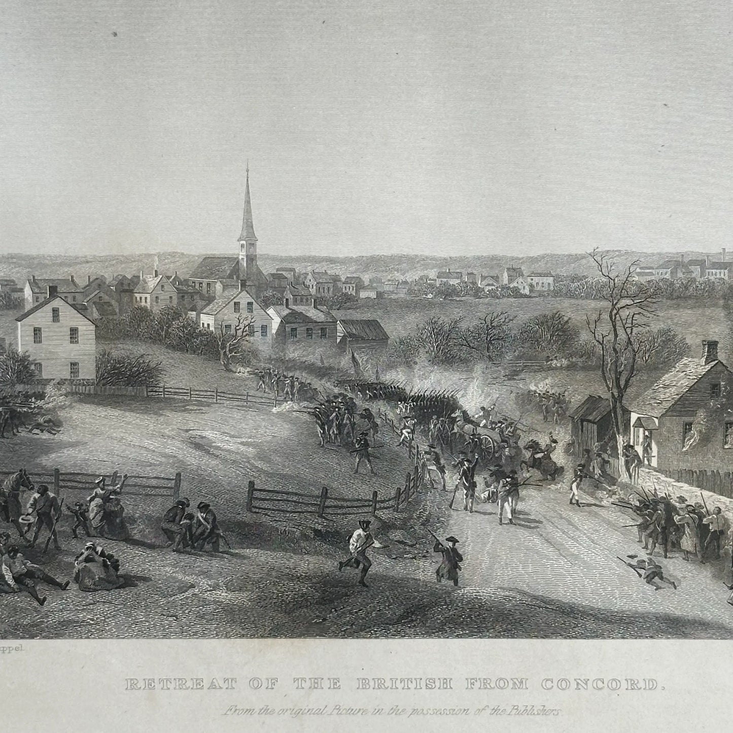 Retreat of the British from Concord — c. 1860 steel engraving — In an antique frame