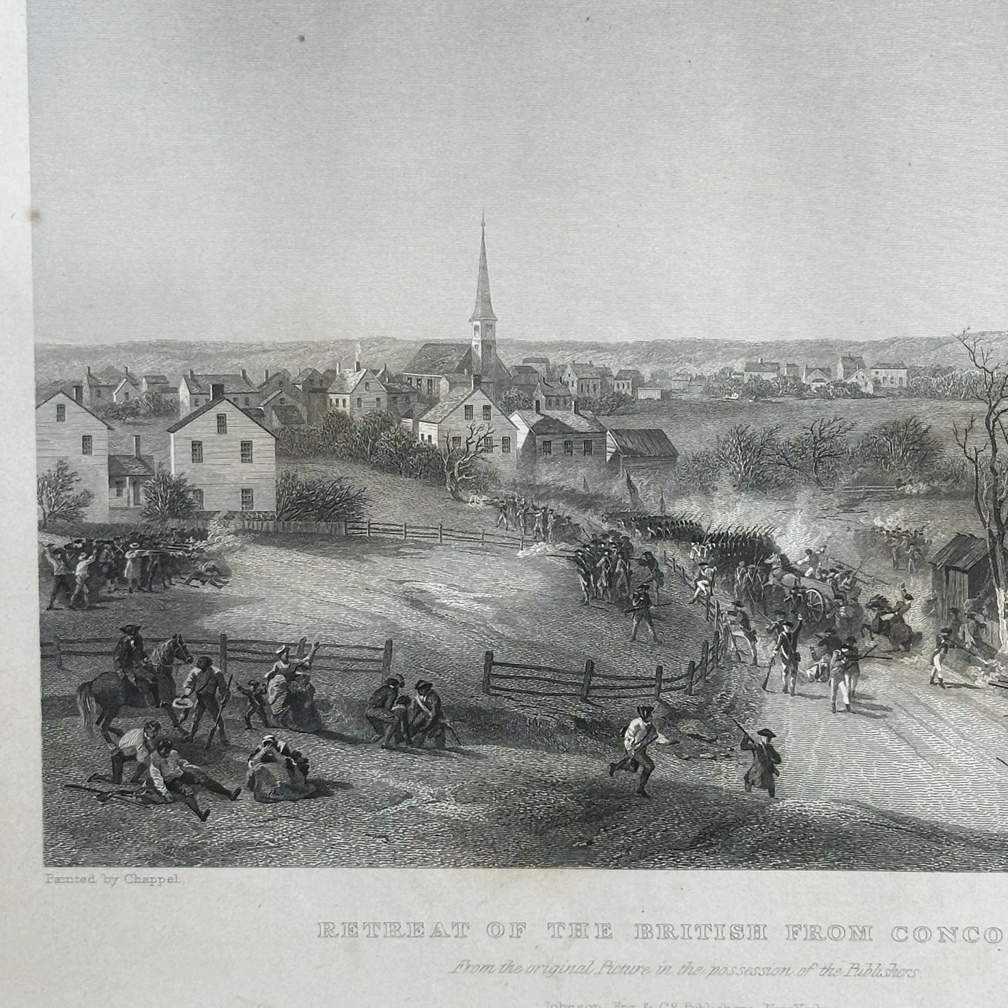 Retreat of the British from Concord — c. 1860 steel engraving — In an antique frame