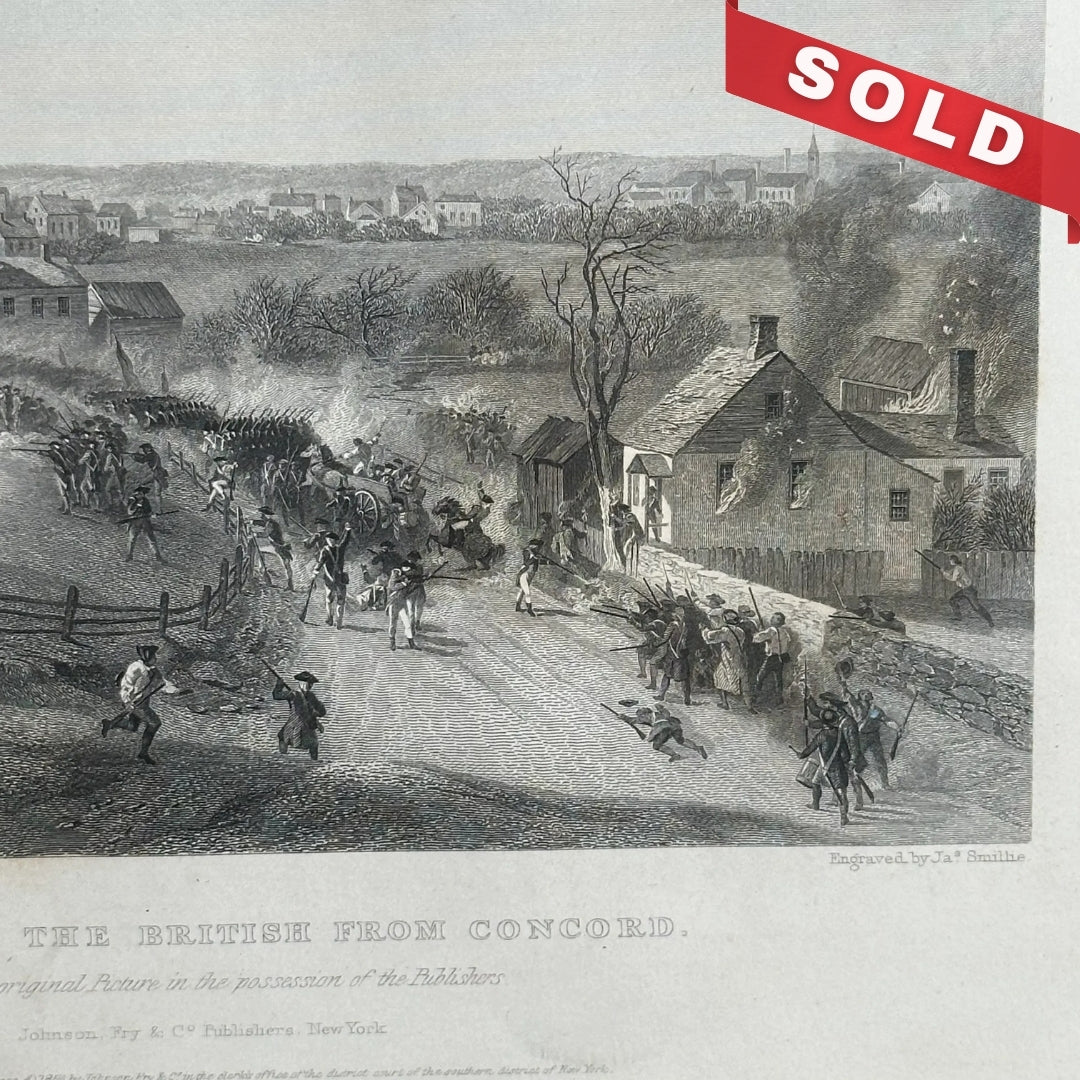 Retreat of the British from Concord — c. 1860 steel engraving — In an antique frame