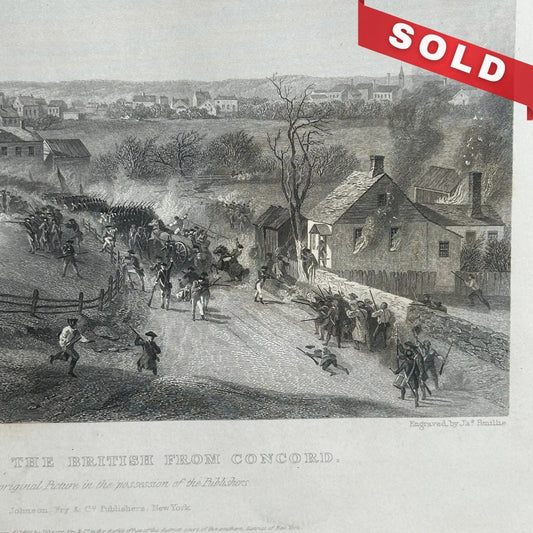 Retreat of the British from Concord — c. 1860 steel engraving — In an antique frame
